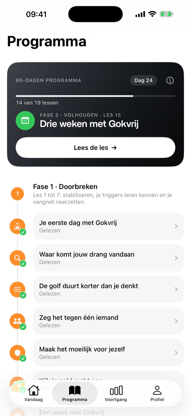 Het 90-dagenprogramma met de lessen per fase